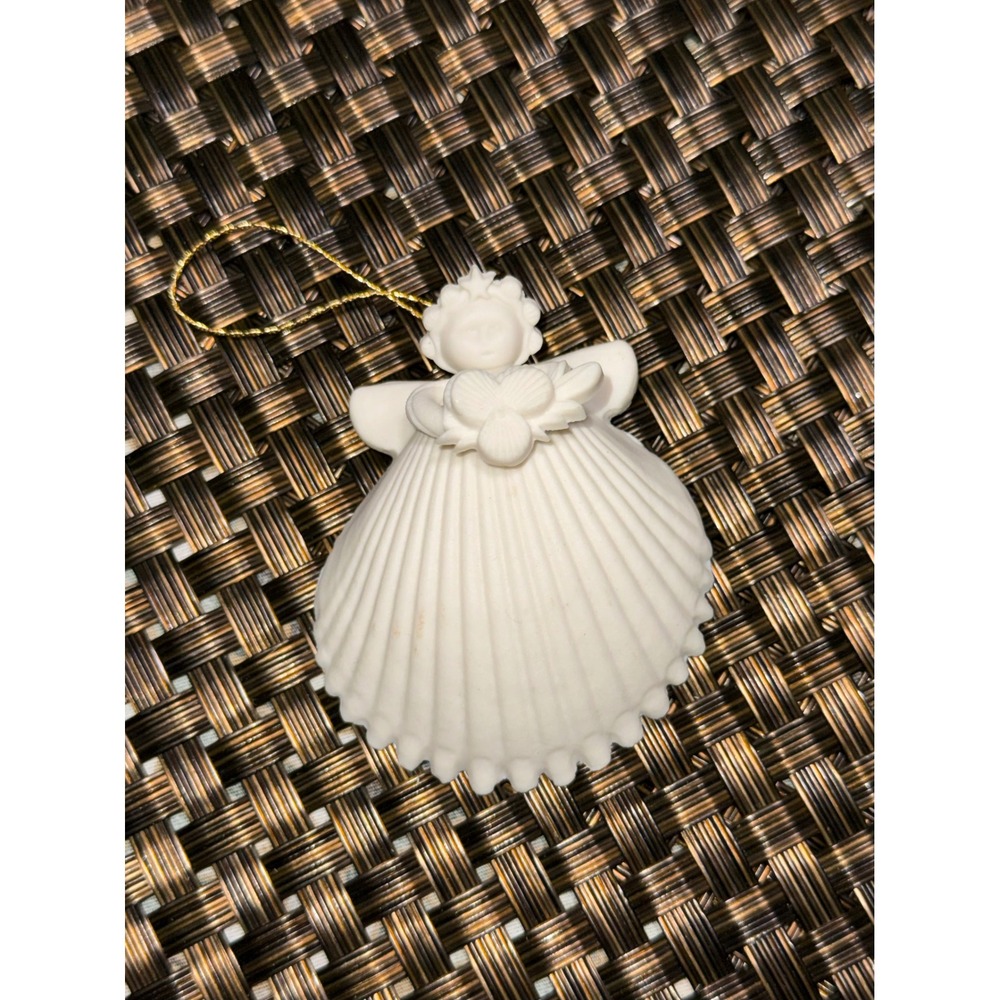 Margaret Furlong 1987 Bisque Porcelain Shell Angel Ornament White 2.5" Vintage